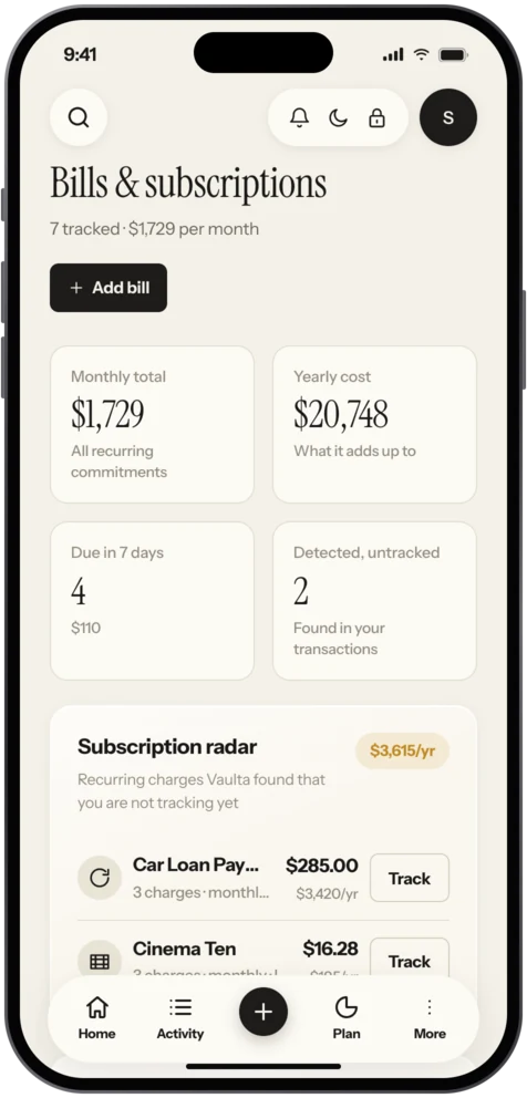 Vaulta Bills and subscriptions screen with due dates and totals