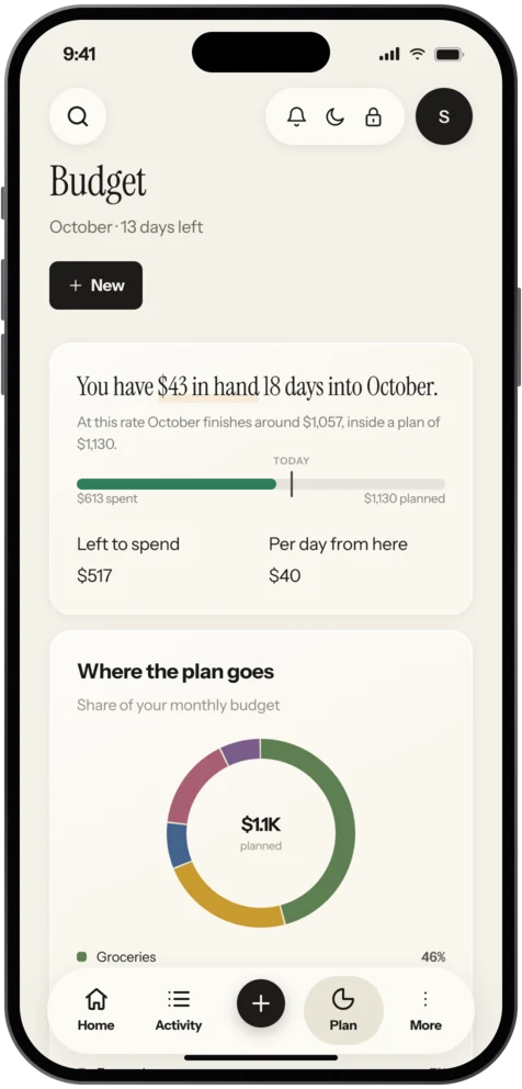Vaulta Budgets screen with monthly amounts per category
