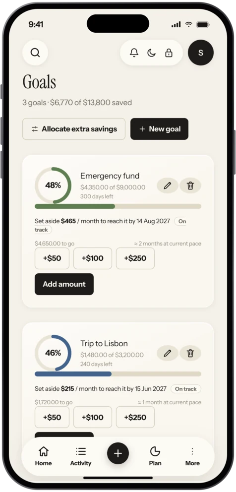 Vaulta Goals screen showing a shared savings goal