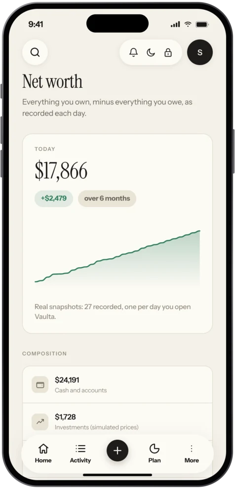 Vaulta Net worth screen showing one figure and its change over time