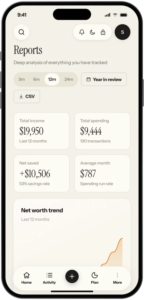 Vaulta Reports screen showing spending over time