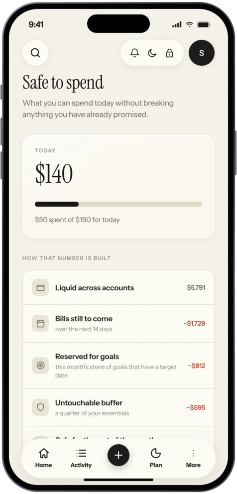 Vaulta Safe to spend screen on iPhone showing today's number