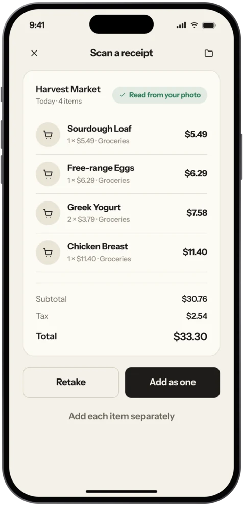 Vaulta receipt scan result with merchant, items and total